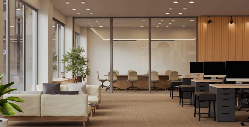 3D rendered modern office with rows of workstations, chairs, and glass partition meeting rooms.